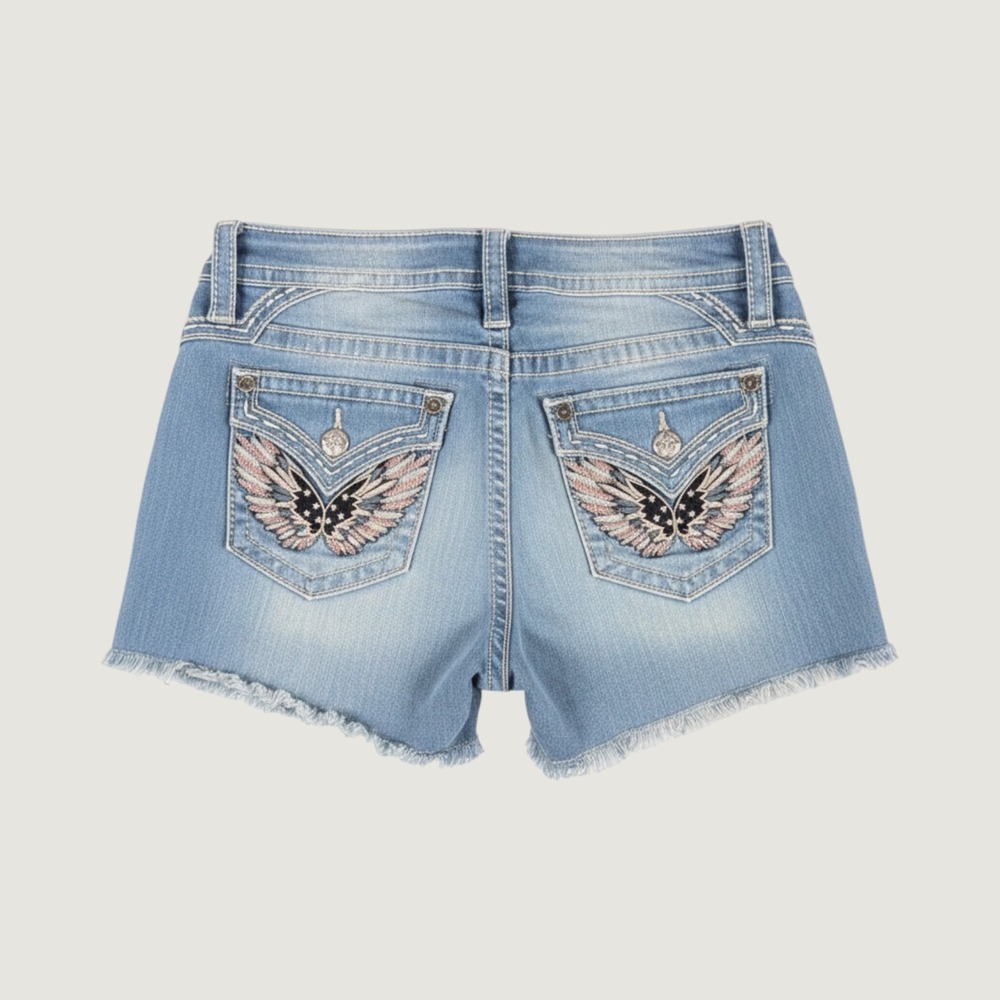 Miss Me American Flag Angel Wing Sequin Denim Shorts Light Wash Frayed Hem 27